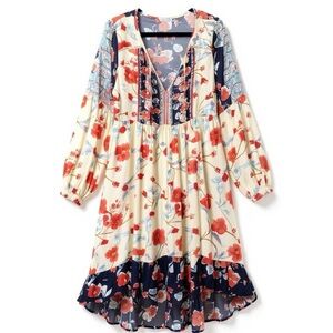 Floral Boho Tunic Dress with Red and Blue Accents